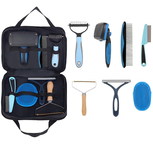 7‑in‑1 Pet Deshedding Tool, Dog Grooming Brush Set, Dog Brush Combo, Pet Deshedding Brush, Flea & Grooming Comb, Carpet & Bath Hair Remover