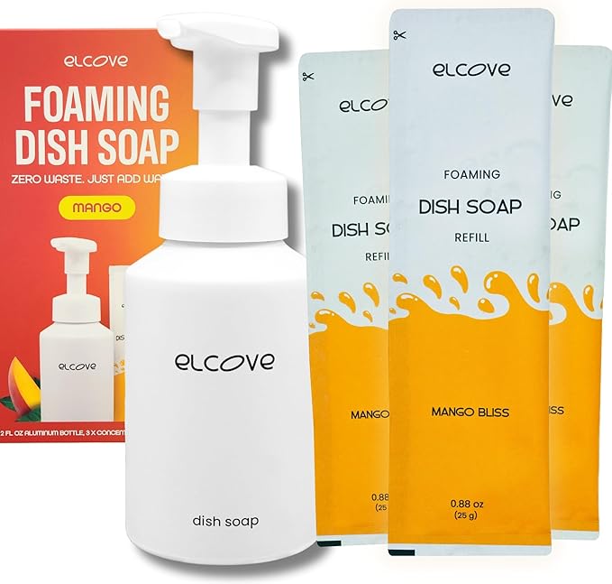Eco Friendly Foaming Dish Soap Starter Set, Reusable Aluminum Soap Dispenser, Zero Waste, Non Toxic, Concentrated Powder Dish Soap Refill (Pack of 3) Make 36 oz of Foaming Dish Washing Liquid