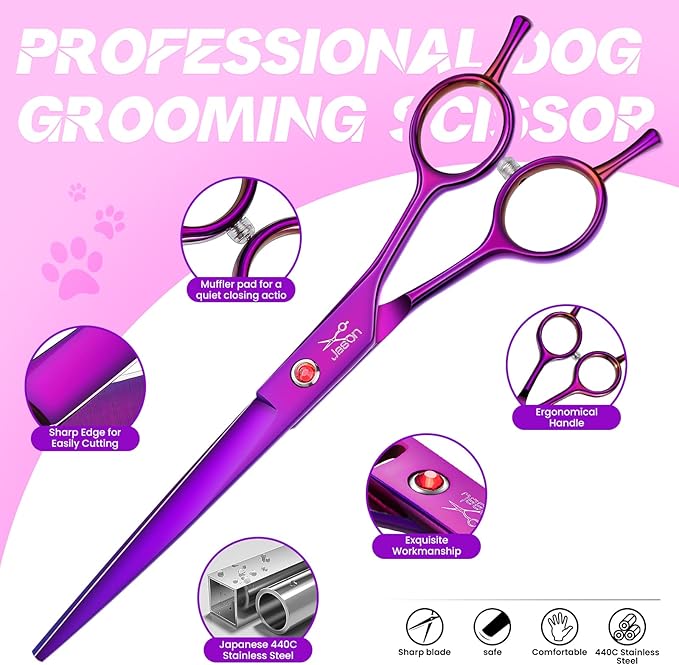JASON Professional 6 in 1 Dog Scissors Kit - Straight, Thinning, Chunker, Curved Shears and Comb for Long Short Hair and Cat