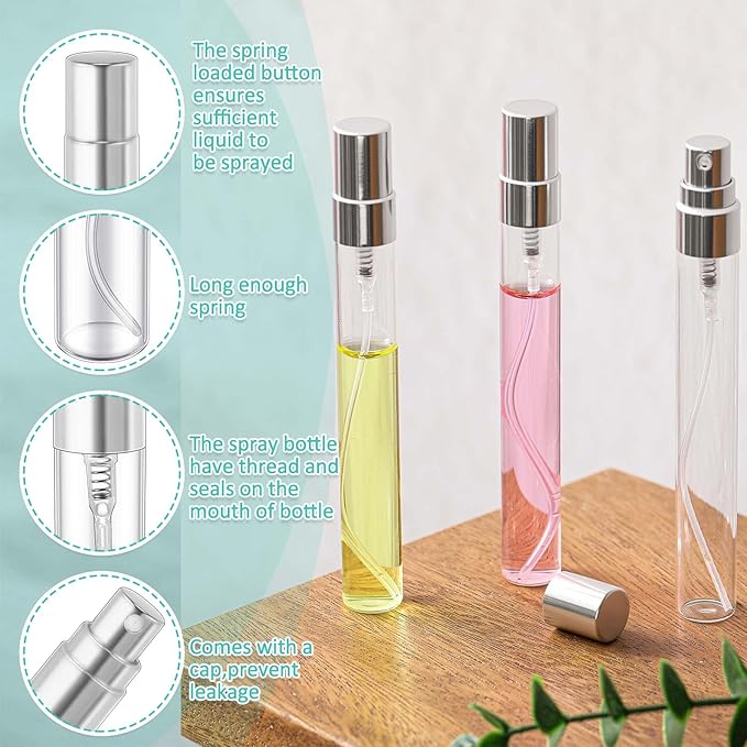 Zhehao 50 Pcs Mini Spray Bottles 10 ml Clear Glass Perfume Bottles Refillable Fine Mist Perfume Atomizer Portable Empty Sample Containers for Cleaning, Essential Oils, Travel (Silver Cap)