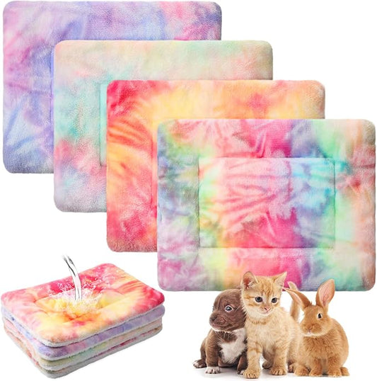 Haull 4 Pcs Waterproof Guinea Pig Bedding Winter Guinea Pig Bed Plush Cage Liners Soft Dog Cat Mat Reversible Winter Cozy Animal Pee Pad Hamster Bed Mat for Bunny(Tie Dyed,13 x 18.5 Inch)