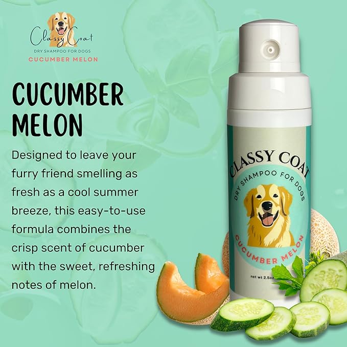 Dry Shampoo & Coat Deodorizer for Dogs (Cucumber Melon) | Waterless No-Rinse Squeeze Bottle Powder Formula | Calming Lavender Scent | Talc and Alcohol Free | Safe for Sensitive Skin | Made in USA