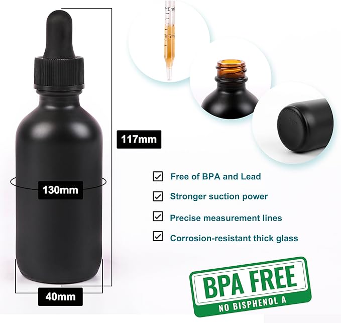 2oz Glass Dropper Bottle,Preety Texture Tincture Bottles with Precise Scales Eye Droppe,for All Kinds Of Mixed Liquids,Leak-Proof Design for Easy Travel (Black Frosted-24Pack)