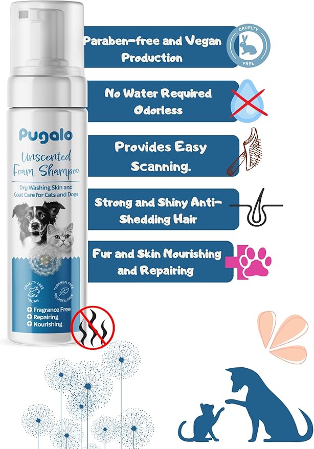 Waterless Cat & Dog Shampoo – 200ml (6.76oz) Unscented Dry Foam Cleanser & Conditioner – No-Rinse Deshedding Shampoo for Smelly Pets