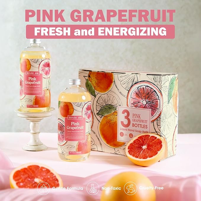 ROMIIE ZOI Liquid Hand Soap Refill Gift Set – 3 Pack (26 Fl Oz Each), Pink Grapefruit Scent – Moisturizing, Biodegradable & Cruelty-Free Formula with Essential Oils for Sensitive Skin