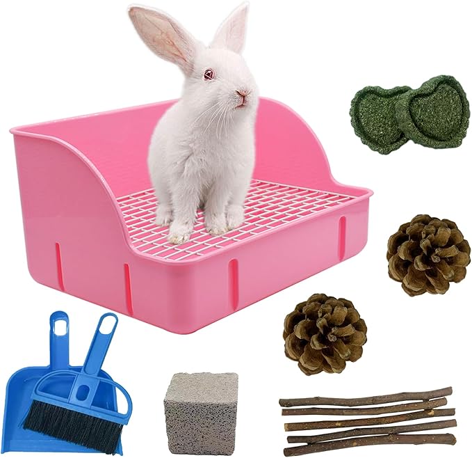 12Pcs Rabbit Litter Box for Cage, Bunny Potty Trainer Corner Guinea Pig Plastic Square Grate Toilet Pet Bedding Litter Box for Small Animal Ferret Hamster Hedgehog (Pink)