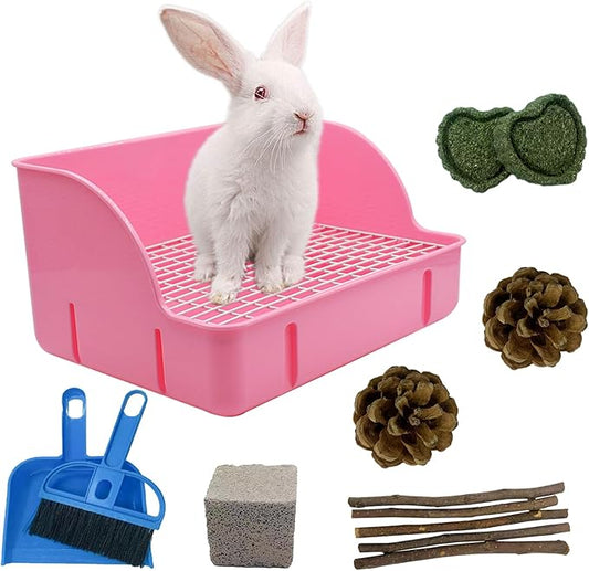 12Pcs Rabbit Litter Box for Cage, Bunny Potty Trainer Corner Guinea Pig Plastic Square Grate Toilet Pet Bedding Litter Box for Small Animal Ferret Hamster Hedgehog (Pink)