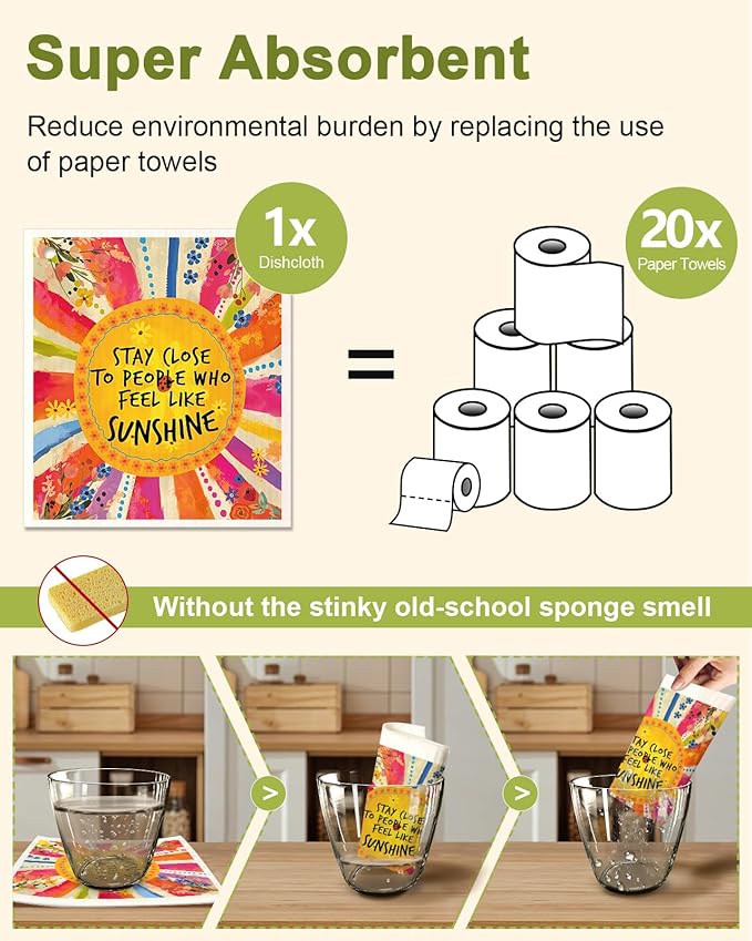 6 Pack Swedish Dishcloths for Kitchen - Reusable Dish Cloths for Washing Dishes Absorbent Cute Funny Kitchen Towels Cleaning Sponge, Positive Words