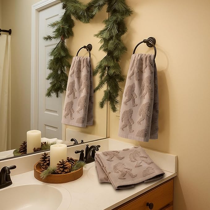 2 Pcs Big Foot Sasquatch Jacquard Hand Towels for Bathroom Brown Hand Towels 100% Cotton Absorbent Decorative Weave Neutral Bathroom Decor, 13.7 x 29.5 Inch