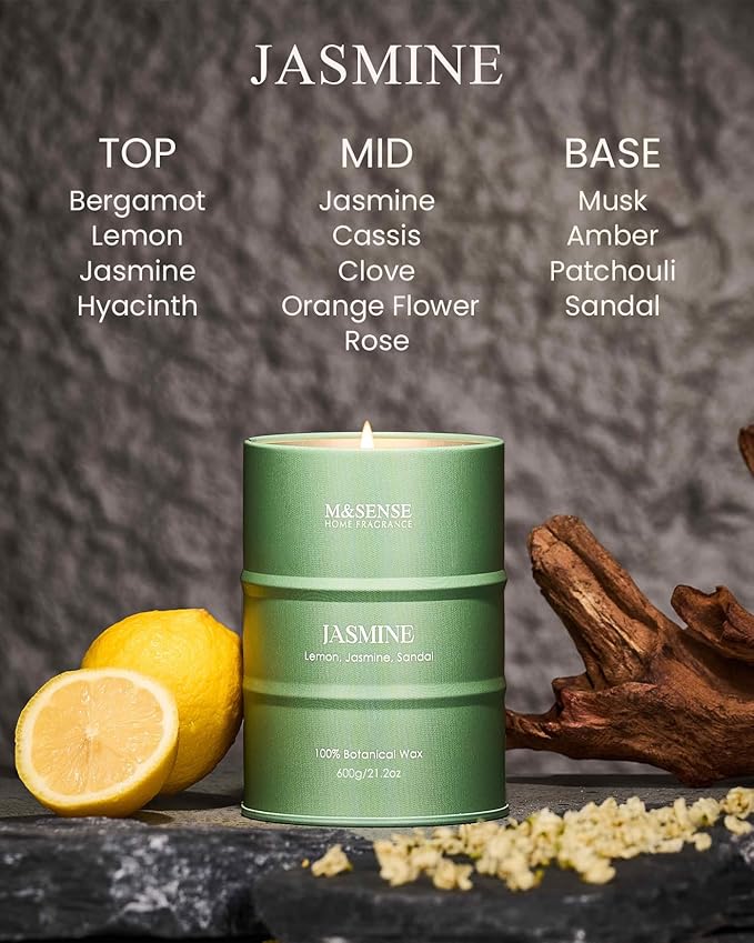 M&SENSE Jasmine Scented Candles Large, Natural Soy Candles 21.2oz 120 Hour Slow Burning,Aromatherapy Candle for Stress Relief Meditation Relaxing