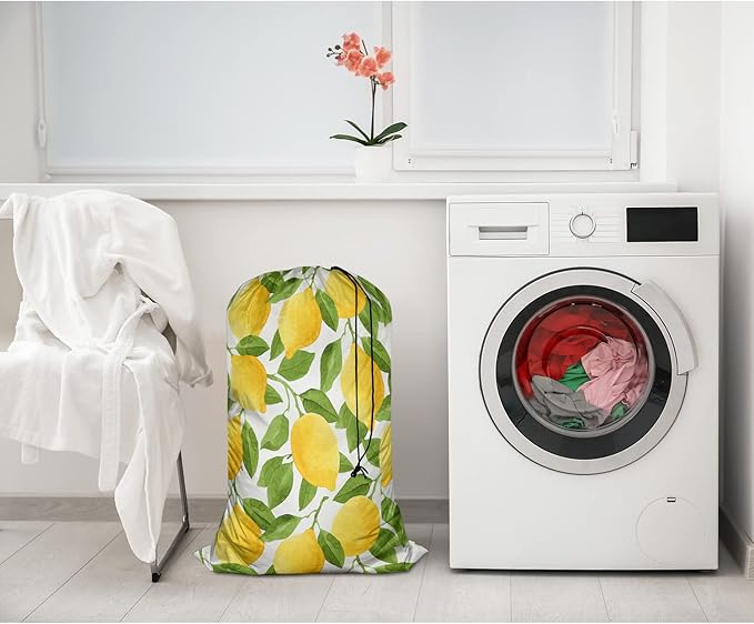 Swono Watercolor Lemons Laundry Bag with Strap Machine Washable Large Dirty Clothes Organizer Green Leaves Botanical Easy Fit Laundry Hamper or Basket, Carry Up to 4 Loads of Laundry, Yellow