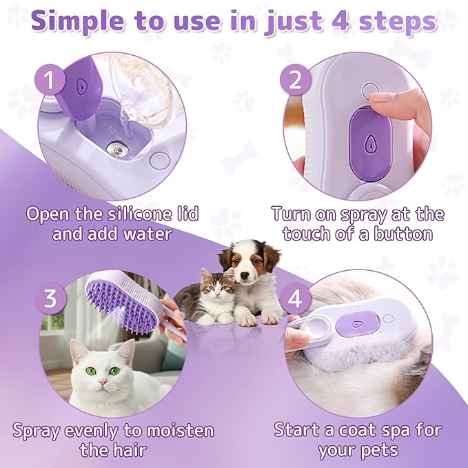 Steam Brush for Cats& Dogs,Pet Steam Brush,4-in-1,Rechargeable Grooming Tool for Cats & Dogs, Anti-Static Design, Delivers Massage, Deep Cleansing, Shedding Control & Styling - White