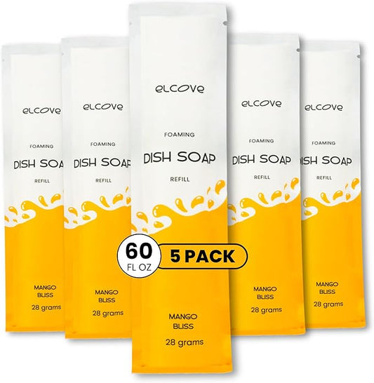 Foaming Dish Soap Refill Eco Friendly (5pk), Concentrated Powder Refills Make 5 Bottles x 12oz each of Non Toxic Dishwashing Soap or Dish Soap Spray, Plastic Free, Septic Safe