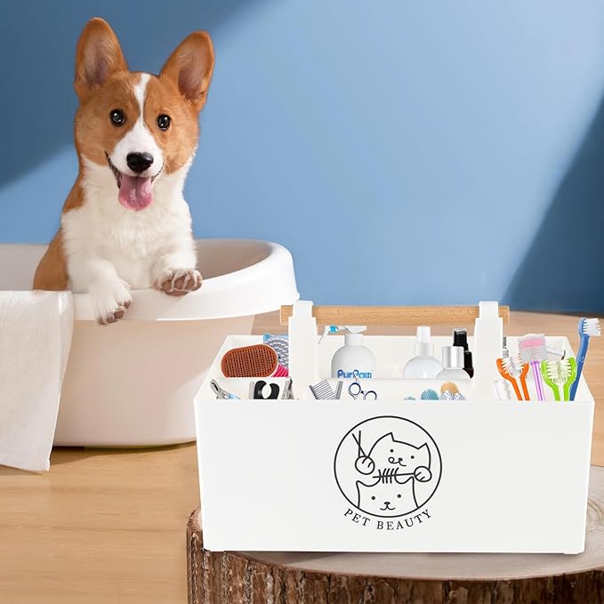 Dog Storage Organizer,Dog Grooming Organizer,Portable Shower Caddy Organizer for Dog Cat Stuff,Divided Basket Bin Storage for Dog Cat Grooming Kit,Shampoo,Trimmer,Clipper,Combo,Brush