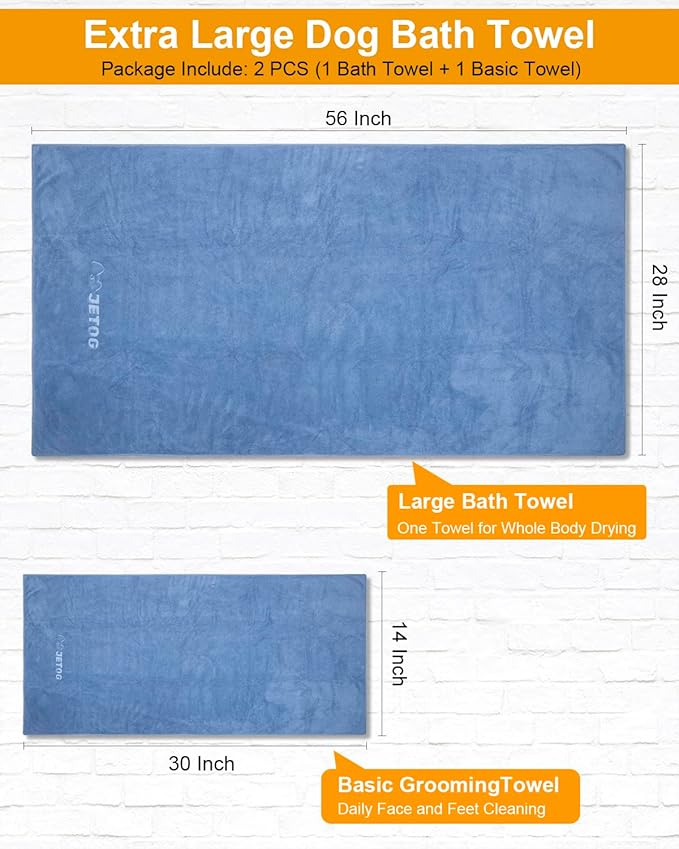 2-PCS Fast Drying Dog Towels - 56 x 28 Inch Ultra Soft & Absorbent Large Dog Towel with 30 x 14 Inch Daily Use Paw Towel - 100% Microfiber Pet Bath Grooming Towels for Dogs Cats, Blue