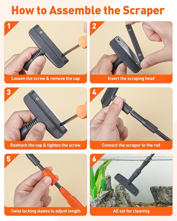 Pawfly Aquarium Cleaning Tools, 7 in 1 Fish Tank Cleaning Kit, Algae Scraper, Sponge Scrubber Pad, Brush, Gravel Rake & Fish Net with Adjustable Long Handle, Fish Tank Cleaner Set