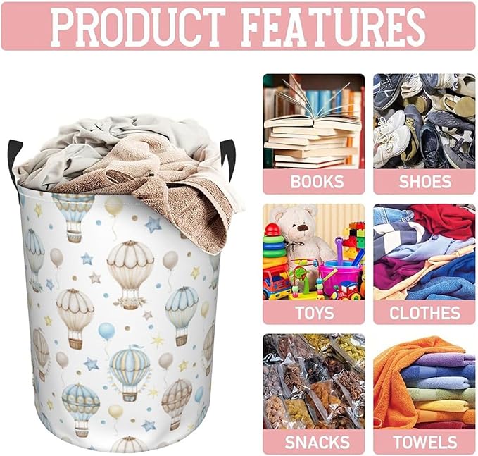 Cute Hot Air Balloon Stars Laundry Hamper Bag With Waterproof Liner - Round Laundry Basket Foldable Clothes Storage Organizer For Bathroom Bedroom Nursery Dorm, M-19.6"X 15.7"