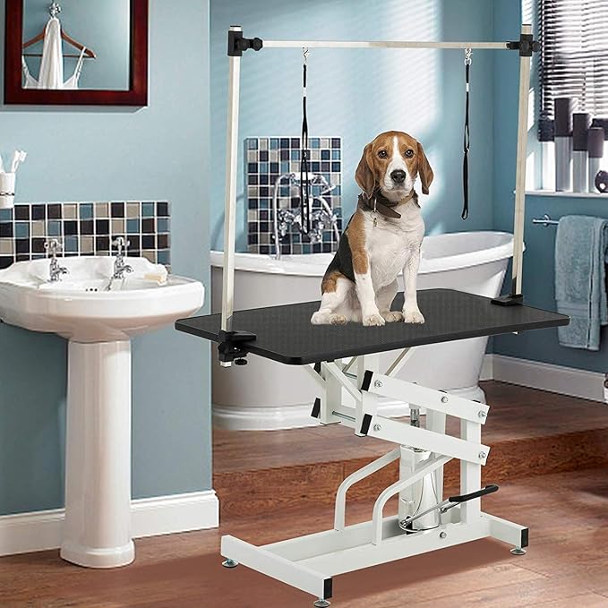 Hydraulic Dog Grooming Table, Heavy Duty Grooming Table for Small/Medium Dogs at Home, Pet Grooming Table with Adjustable Arm and Noose, Range 21-36 Inch, 43 Inch