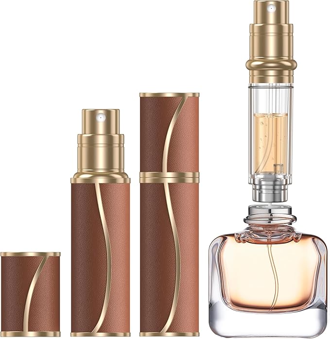 10ml Perfume Travel Refillable Atomizer,Genuine Leather Bottom Filling Perfumes Bottle,Mini Fragrances Dispenser,Portable Cologne Sprayer Pocket Size for Plane Trip Gift 0.34oz (Brown-10ml)