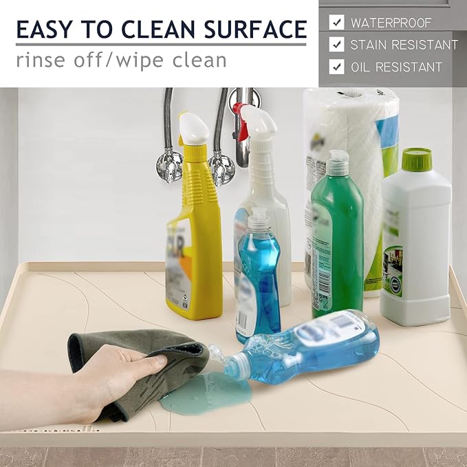 Heavy Duty Silicone Under Sink Mats for Kitchen Waterproof 22" x 22", Extra Thick Under Sink Rubber Mat Drip Tray, Raised Edge Under Sink Liner,Prevent Drips, Leaks, Spills,Taupe