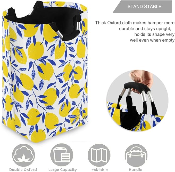visesunny Collapsible Laundry Basket Yellow Lemon With Blue Leaf Large Laundry Hamper with Handle Toys and Clothing Organization for Bathroom, Bedroom, Home, Dorm, Travel