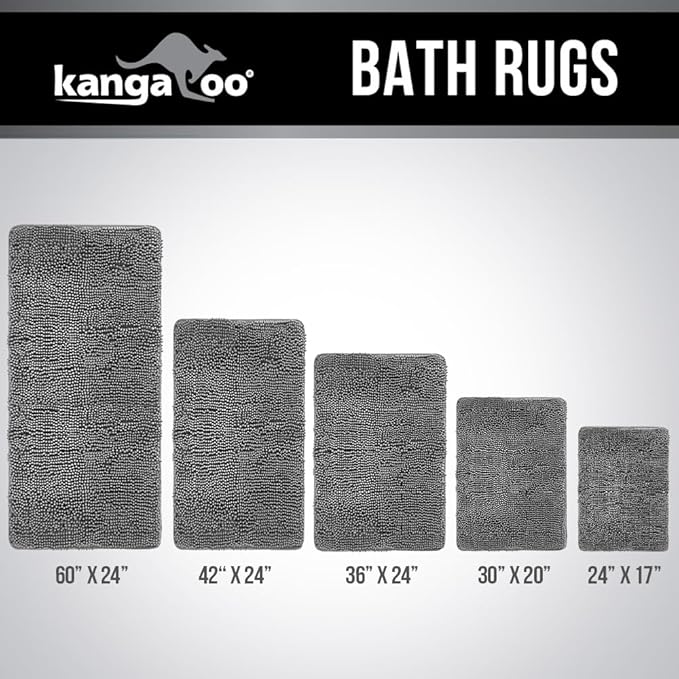 KANGAROO Bathroom Rugs, Chenille Soft Absorbent Bath Rug, Shaggy Shower Mat, Quick Dry Machine Wash Bathmat, Plush Carpet Mats for Tub, Bathtub and Room Home Decor Accessories, 30x20, Gray
