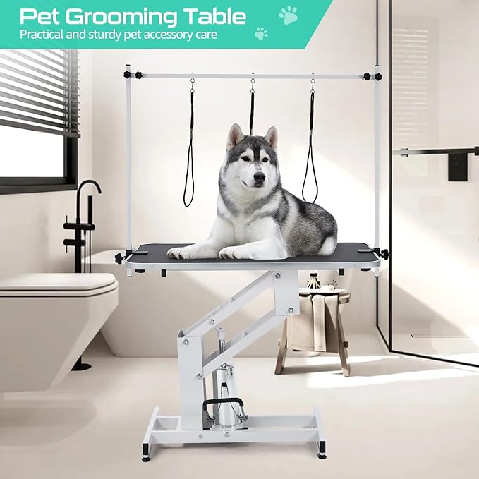 43.6" Pet Grooming Table for Large Dogs, Heavy Duty Height Adjustable Dog Grooming Table With Overhead Arm & Noose Height Range 22''-39'', Maximum Capacity Up to 350 Lbs, White