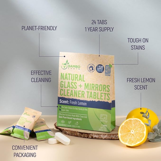 12 Pack Natural Glass & Mirror Cleaner Spray - Window Cleaning Tablets Refill - Eco-Friendly Product & Cleaning Supplies - 1 Tablet = 17oz Spray (204oz Total) - Fresh Lemon