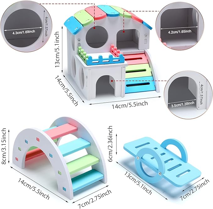 3 Pieces Fun Hamster Toys Guinea Pig Hideout Include PVC Hamster House, Rainbow Bridge, Seesaw Toy DIY Exercise Play Toys for Rats Mouse Small Animals(Small,Rainbow Color)