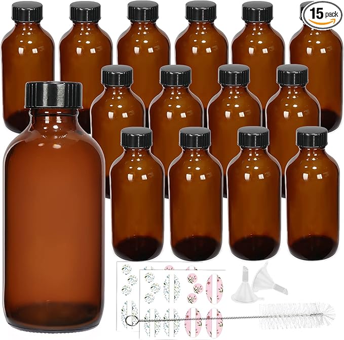 15 Pack Glass Amber Boston Bottles with Black Poly Cone Cap, 4 oz Round Glass Bottle for Essential Oil, Perfume and Liquid, Contains 24 Colored Labels, 2 Funnels, 1 Brush