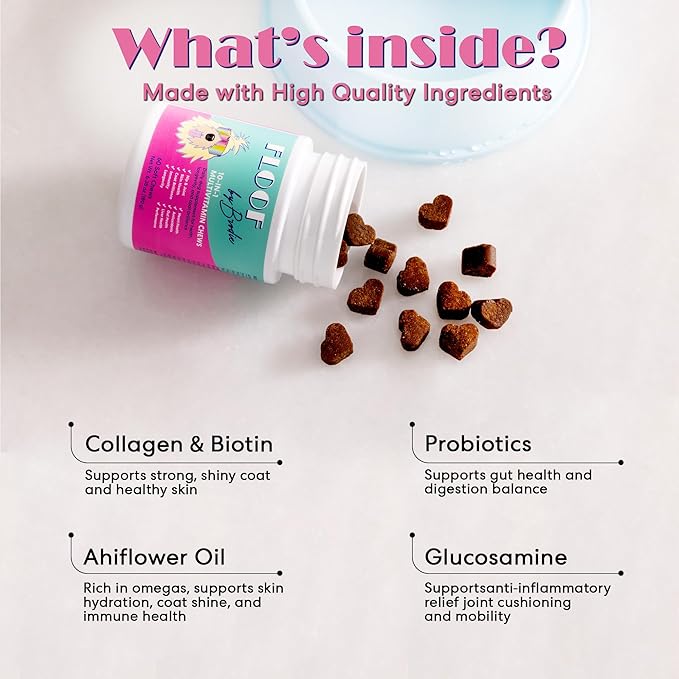 Floof by Brodie Complete Dog Wellness & Grooming Bundle – Multivitamin Chews, Shampoo & Conditioner Set, Dry Shampoo Spray, Slicker Brush - for Clean, Happy, Healthy Dogs