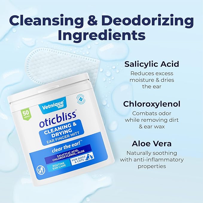 Vetnique Oticbliss Cat & Dog Ear Wipes - Dog Ear Infection Treatment or Dog Ear Cleaner Wipes for Dirty, Waxy, Smelly Dog Ears, Odor Control with Aloe Vera & Salicylic Acid (Finger Mitt Ear Wipes)