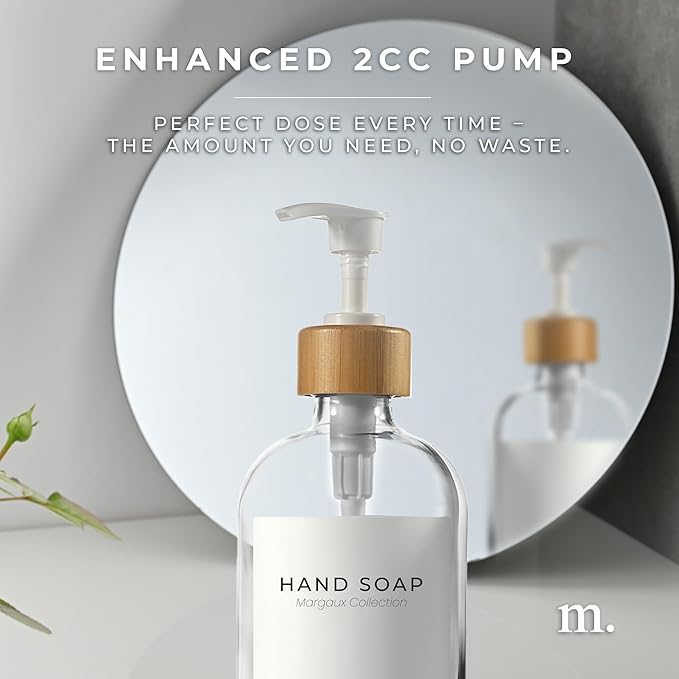 Maisonovo Glass Soap Dispenser Bathroom Set | Hand Soap and Dish Soap Dispenser Set | 16.9oz Clear Bottles with White Bamboo Pump | Bathroom Lotion Dispenser with Pump Set of 2