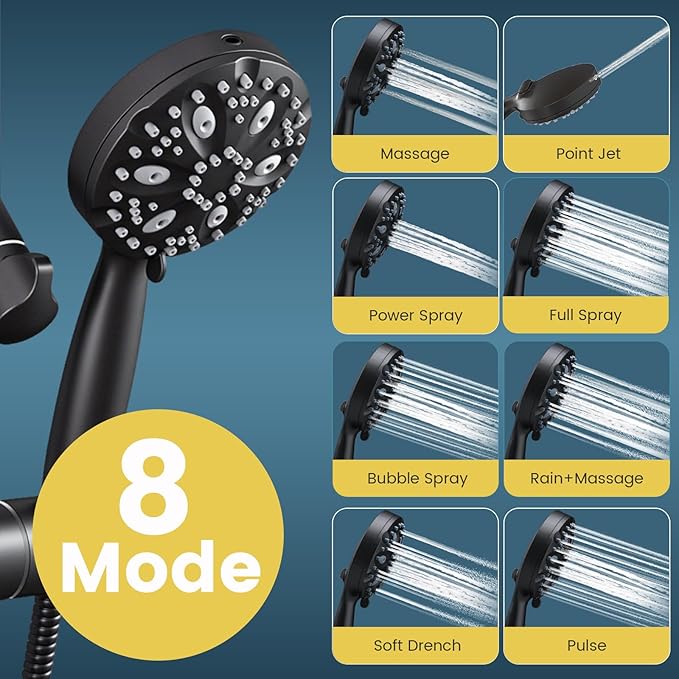 12 Inch Rain Shower Head with 8-Setting Handheld Spray Combo,Black Shower heads with Height Adjustable Shower Arm, Slide Bar with Holder, Stainless Steel Hose