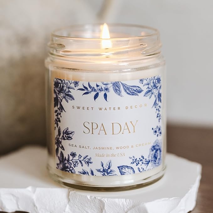 Sweet Water Decor Spa Day Patterned Candle – Soy Candles with Sea Salt, Jasmine, Wood, Cream Aroma– 40 Hour Burn – 9oz Clear Glass Jar – Ideal for Valentines Presents or Any Special Occasion