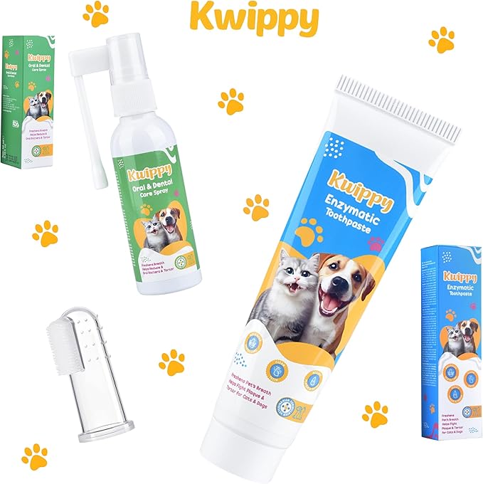 Dog Teeth Cleaning Toothpaste & Tooth Brushing Kit – Eliminate Plaque, Tartar & Bad Breath Mint Dog & Cat Breath Freshener Gel – Enzymatic Toothpaste + Finger Brush + Spray – Safe & Edible