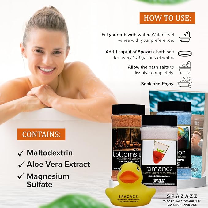 Romantic Couples Spa Gift Set – Spazazz Aromatherapy Bath Salts 3-Pack (17oz Each) – Passion, Romance & Bottoms Up – Sensual Bath & Hot Tub Soak for Valentine’s or Anniversary