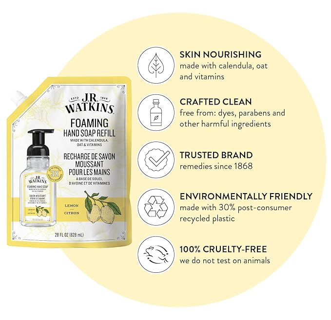 J.R. Watkins Foaming Hand Soap Refill, Moisturizing Foam Hand Wash, Formulated with Plant-Based Cleansers, Alcohol-Free, Cruelty-Free, Lemon, 28 fl oz, 2 Pack
