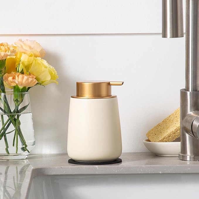 Enra Foaming Soap Dispenser,12 oz BModern Foam Soap Dispenser with Glod Pump for Bathroom,Kitchen with Easy-to-Press Pump (Beige Poam Gold Pump)