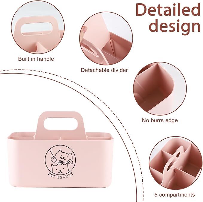 5-Compartment Pink Dog Stuff Storage Caddy for Grooming Supplies, Portable Organizer with Handle