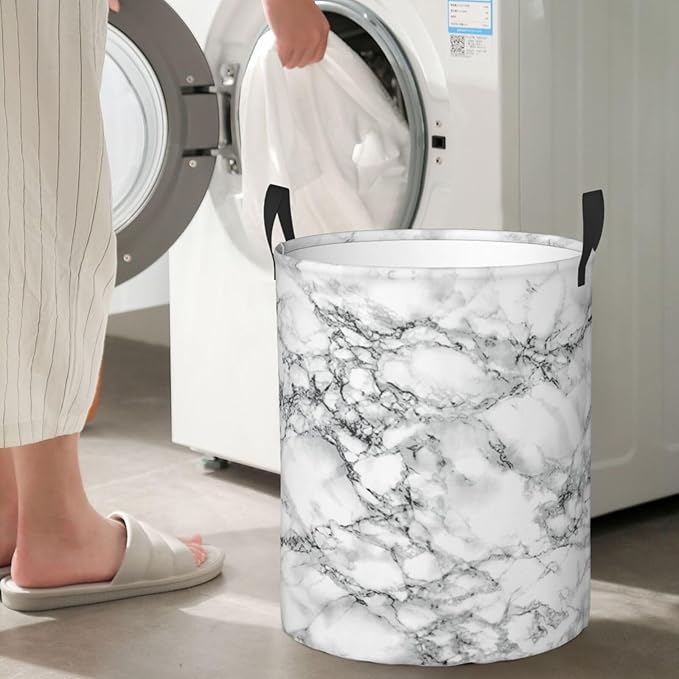 Black And White Marble Laundry Hamper Bag With Waterproof Liner - Round Laundry Basket Foldable Clothes Storage Organizer For Bathroom Bedroom Nursery Dorm, M-19.6"X 15.7"