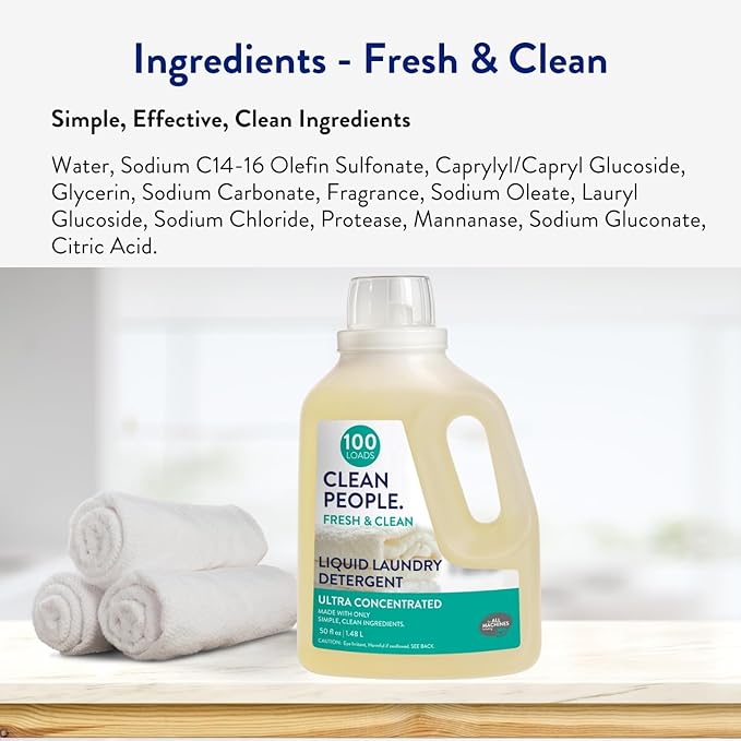The Clean People Liquid Laundry Detergent - Recyclable Packaging, Stain Fighting - Ultra Concentrated, Laundry Soap - Fresh Scent, 50 fl oz (2 Pack)