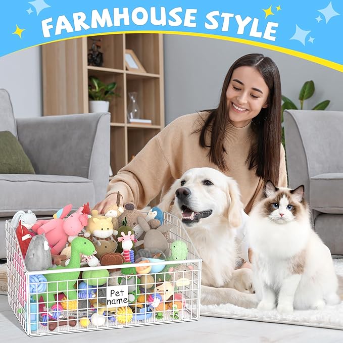 Indestructible Dog Toy basket, Large Toy Box for Dogs,Pet Toy Bin Dog Metal Basket for Toys, Toy Storage Organizer, Toy Box for Living Room Area (White)