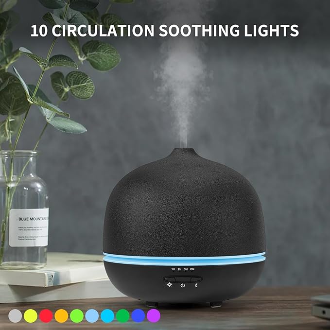 Wanlola 500ml Essential Oil Diffuser,Black Large Ceramic Diffusers,Ultrasonic Cool Mist Humidifier with 4 Timer & 10 Colors Light for Home,Gift