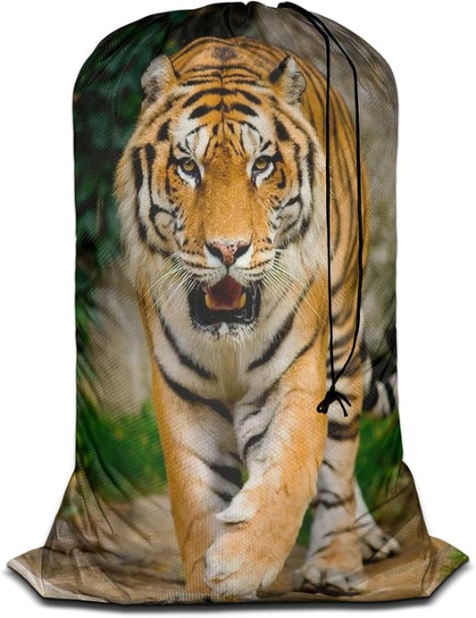 Swono Tiger Extra Heavy Duty Laundry Bag, Animal Portrait Jungle Mammal Feline Wildlife X-Large Dirty Clothes Drawstring Bag with Tear Resistant Fabric, Washable Laundry Liner for Hamper, Ideal for