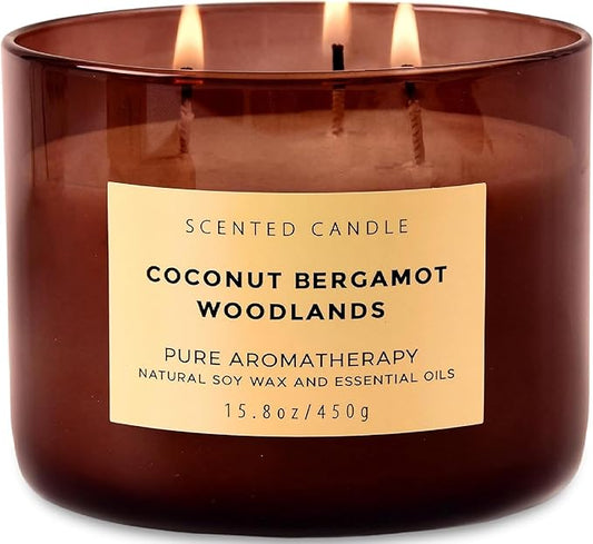 Coconut Bergamot Woodlands 3-Wick Soy Scented Candle, 15.8 oz - Clean Burn - Creamy Coconut, Bergamot & Balsam Woods - Large Aromatherapy Candle for Home Relaxation