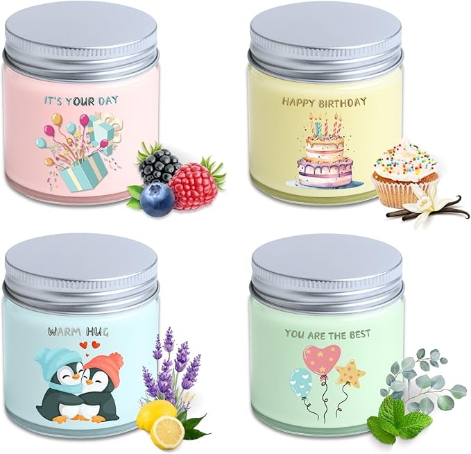 Luina Birthday Candle Gift Set, 4 Pack Natural Soy Wax Candles in Glass Jars, Relaxing Aromatherapy Candles for Women and Mom, Stress Relief and Birthday Presents