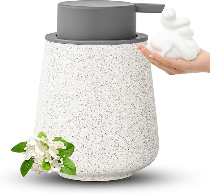 Ceramic Foaming Soap Dispenser - 12 Oz Beige Foam Hand Soap Dispenser for Bathroom, Hand Wash Dispenser Bottle with Grey Foam Pump, Minimalist Refillable Dish Dispenser for Kitchen