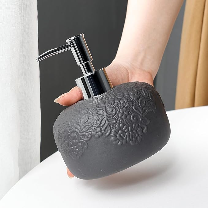 Soap Dispenser, Ceramic Countertop Lotion Dispenser 14oz with Embossed Design, Matte Black Bathroom Refillable Lotion Bottle for Shower Soaps Shampoo Kitchen Organization, ANTIS'S HOME