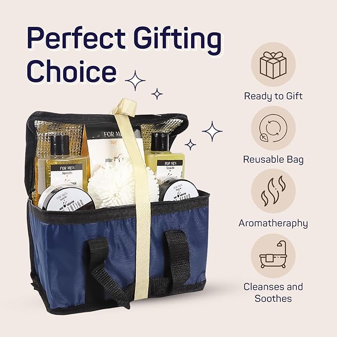 SpaLife Luxury Spa Skincare Sandalwood Gift Set for Men | Mens Body Wash Gifts | Mens Gift Set for Bath and Body | Christmas Gifts for Men | Cleansing, Moisturizing, Exfoliating | 7-Piece Bundle